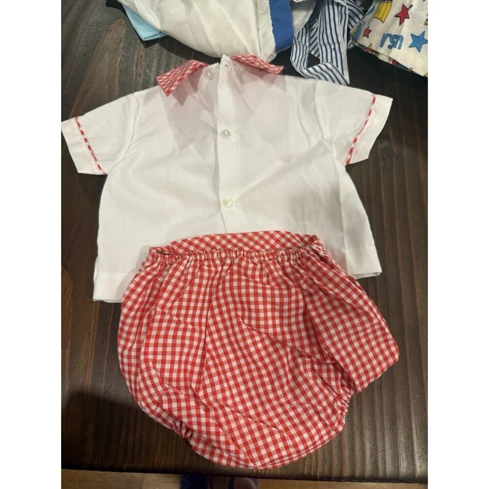 VINTAGE 3-6M 2pc Outfit White Shirt Red Gingham Shorts